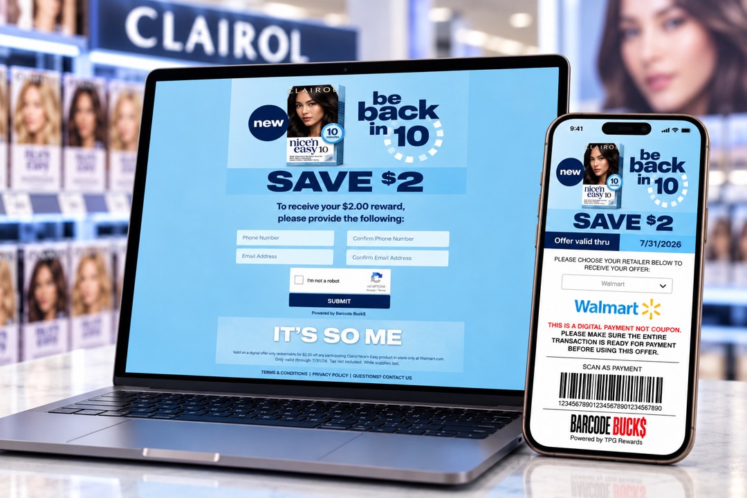 Clairol Nice’n Easy 10 Barcode Buck$ experience shown on a laptop and mobile phone