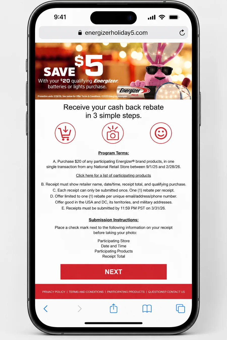 Energizer holiday $5 rebate mobile experience